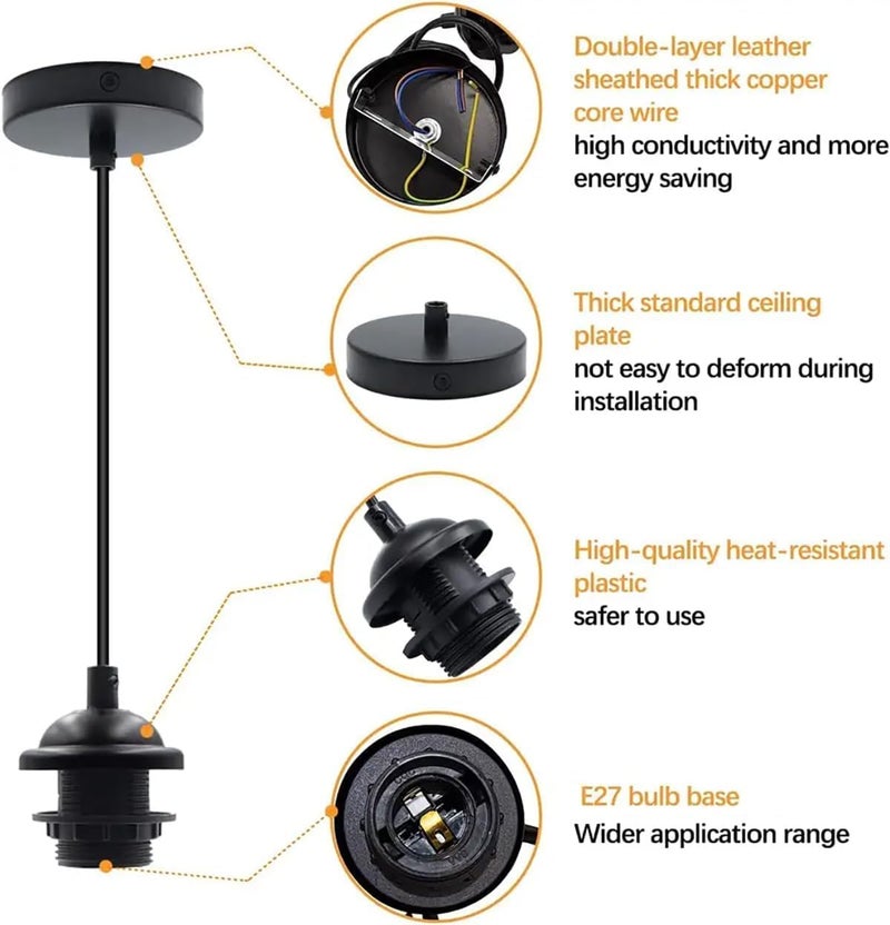 Bukela Ceiling Pendant & Lamp Holder, Metal Pendant Light Fitting, E27 Lamp Holder, Fitting Set with Braided Fabric Cable (Black 2pcs) - Image 5